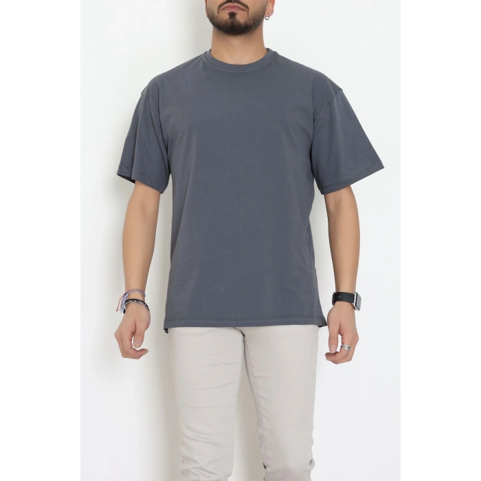 Kompak Penye Ünisex Baskısız Oversize Tişört Antrasit - 55045.1872.