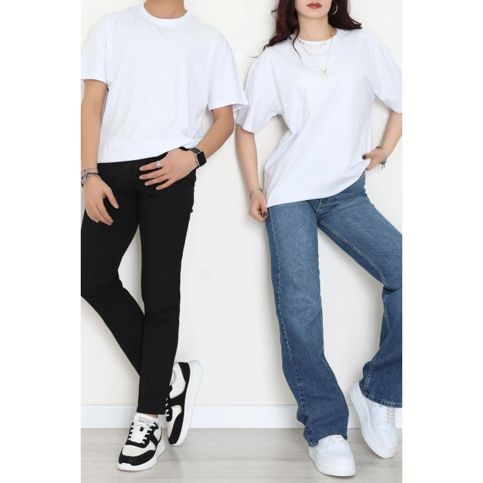 Kompak Penye Ünisex Baskısız Oversize Tişört Beyaz - 55045.1872.