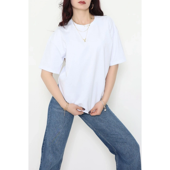 Kompak Penye Ünisex Baskısız Oversize Tişört Beyaz - 55045.1872.