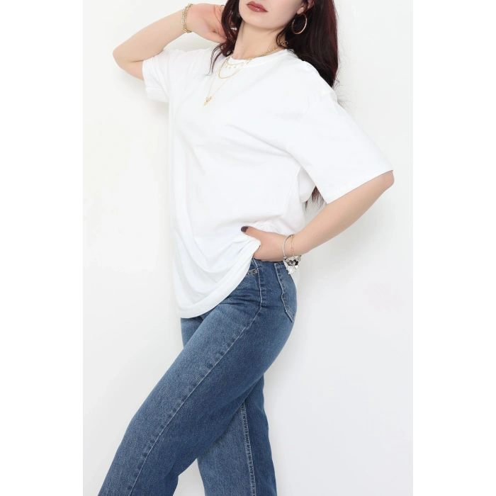 Kompak Penye Ünisex Baskısız Oversize Tişört Ekru - 55045.1872.