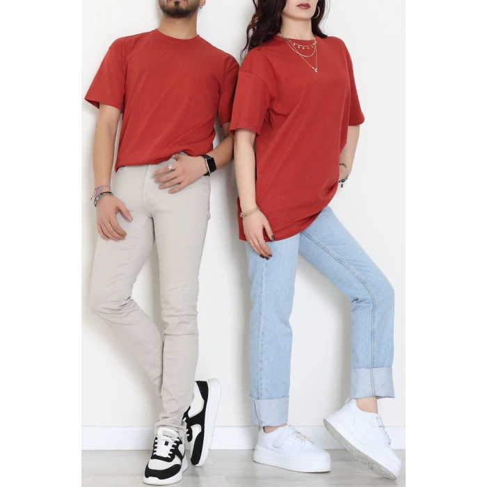 Kompak Penye Ünisex Baskısız Oversize Tişört Kiremit - 55045.1872.