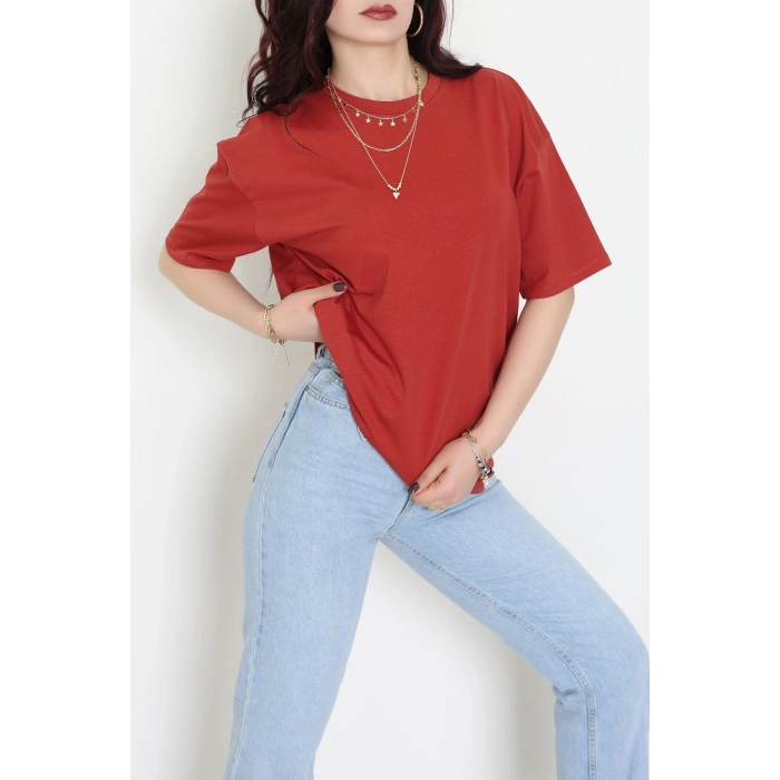 Kompak Penye Unisex Baskısız Oversize Tişört Kiremit - 55045.1872.
