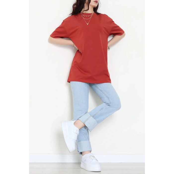 Kompak Penye Unisex Baskısız Oversize Tişört Kiremit - 55045.1872.