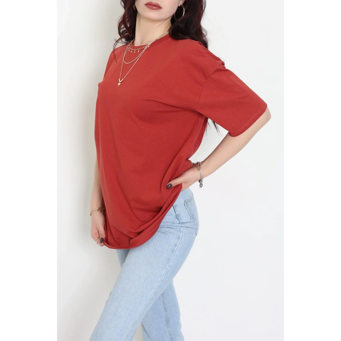 Kompak Penye Unisex Baskısız Oversize Tişört Kiremit - 55045.1872.