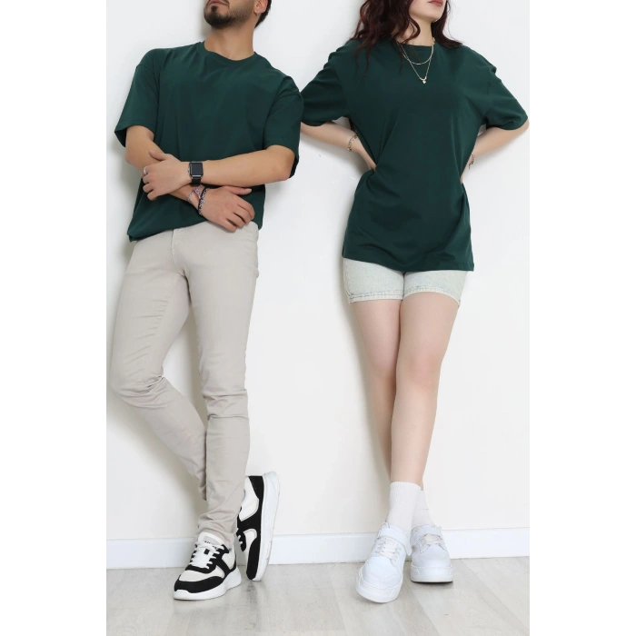 Kompak Penye Ünisex Baskısız Oversize Tişört Koyuyeşil - 55045.1872.