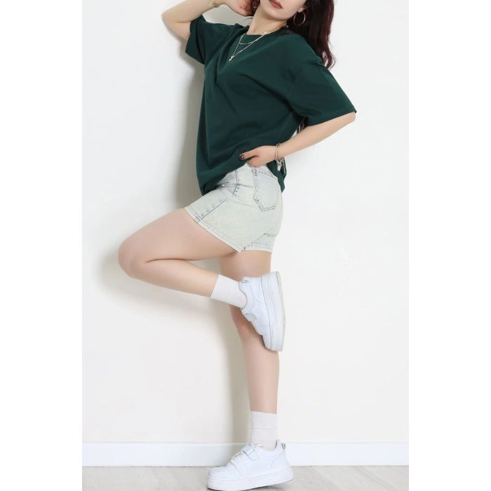 Kompak Penye Ünisex Baskısız Oversize Tişört Koyuyeşil - 55045.1872.
