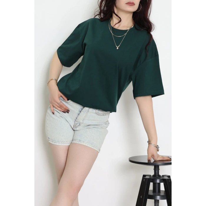 Kompak Penye Ünisex Baskısız Oversize Tişört Koyuyeşil - 55045.1872.