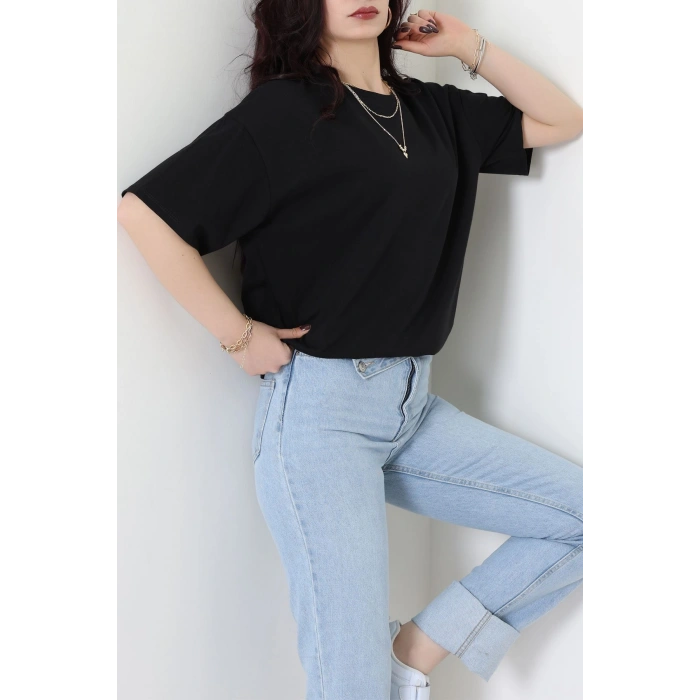 Kompak Penye Ünisex Baskısız Oversize Tişört Siyah - 55045.1872.