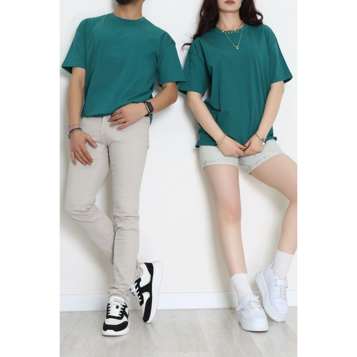 Kompak Penye Ünisex Baskısız Oversize Tişört Zümrüt - 55045.1872.
