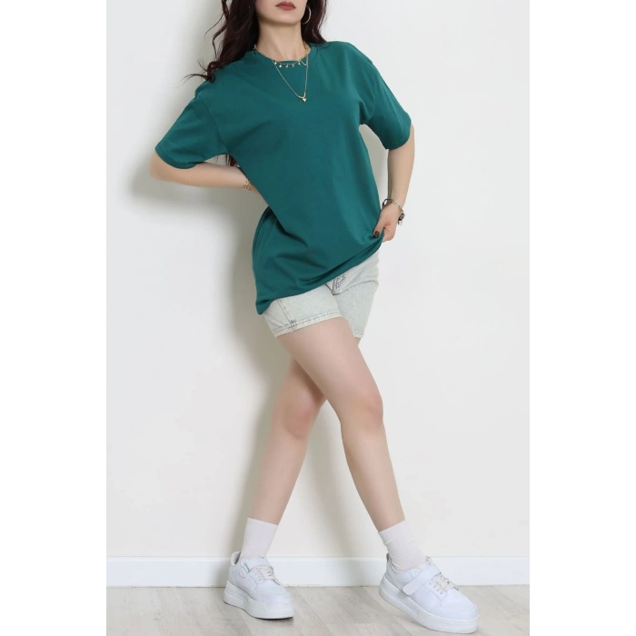 Kompak Penye Ünisex Baskısız Oversize Tişört Zümrüt - 55045.1872.