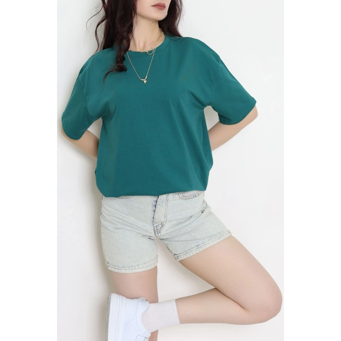 Kompak Penye Ünisex Baskısız Oversize Tişört Zümrüt - 55045.1872.