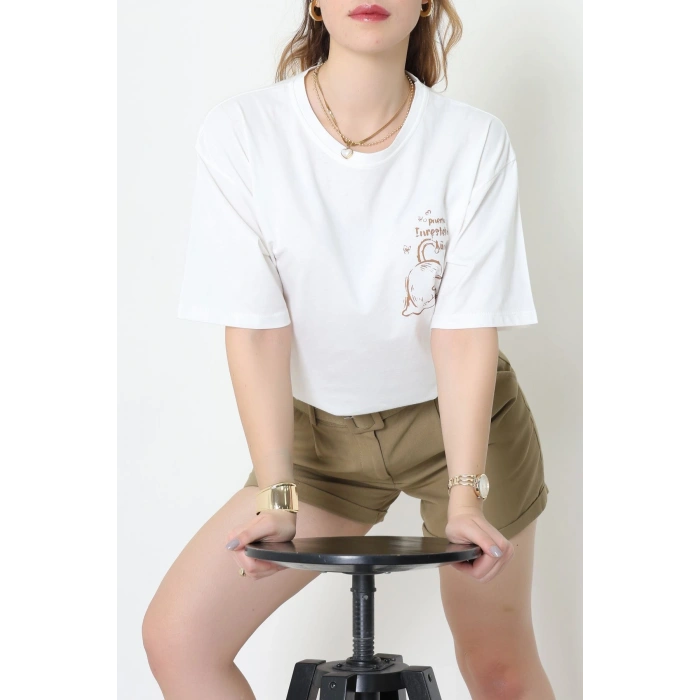 Kompakt Penye Unisex Tişört Beyazkahve - 55064.1872.