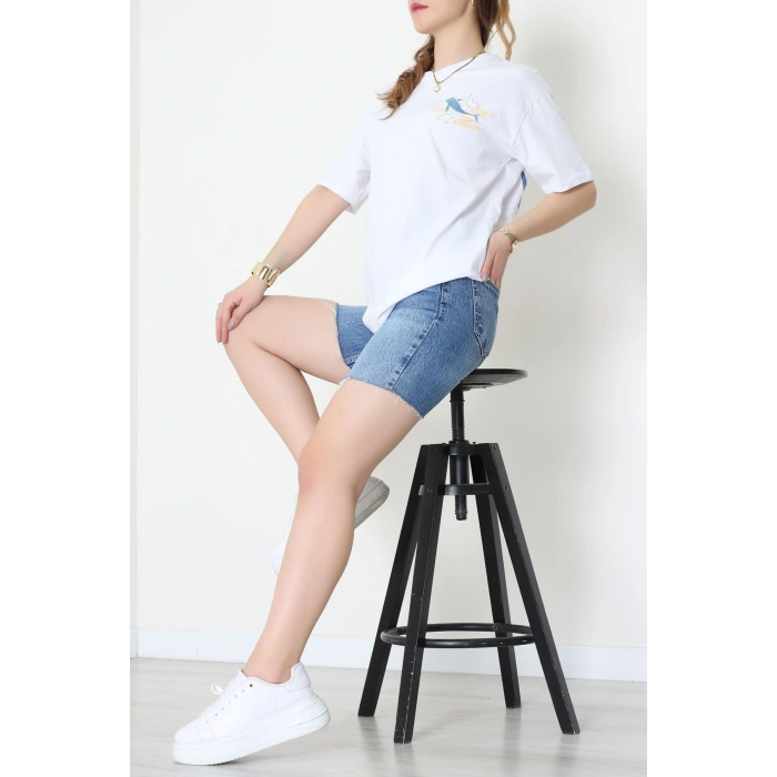 Kompakt Penye Unisex Tişört Beyazmavi - 55064.1872.