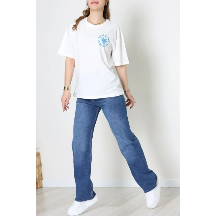 Kompakt Penye Unisex Tişört Beyazmavi1 - 55064.1872.