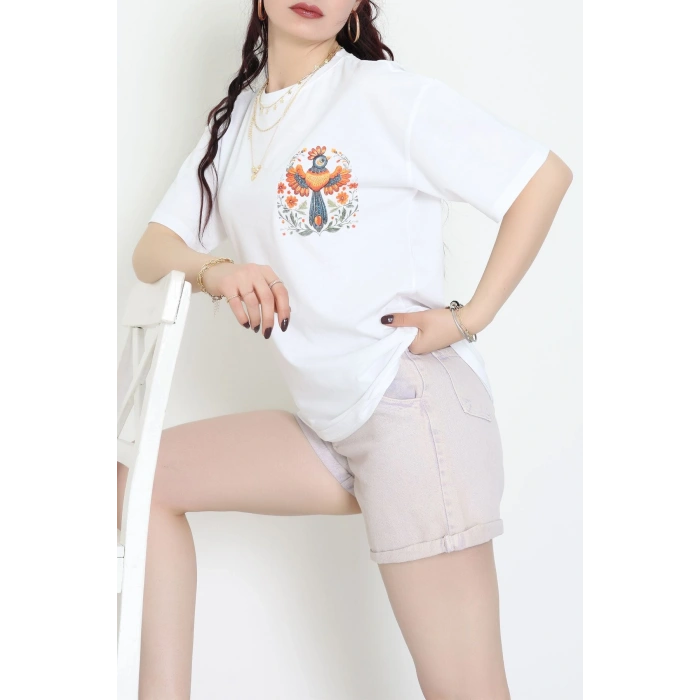 Kompakt Penye Unisex Tişört Beyazturuncu - 55064.1872.