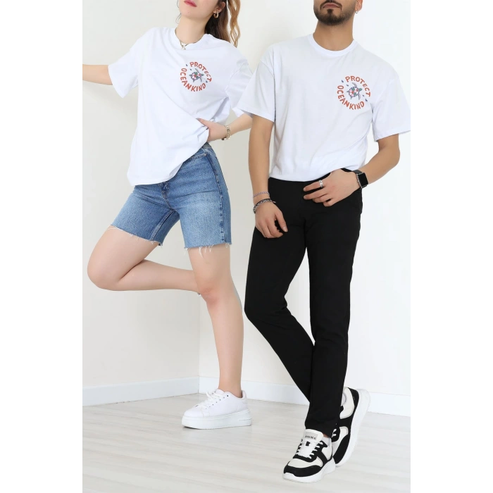 Kompakt Penye Unisex Tişört Beyazyeşil - 55064.1872.