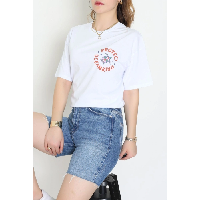 Kompakt Penye Unisex Tişört Beyazyeşil - 55064.1872.