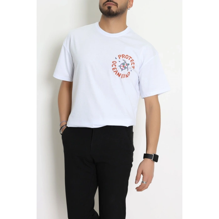 Kompakt Penye Unisex Tişört Beyazyeşil - 55064.1872.