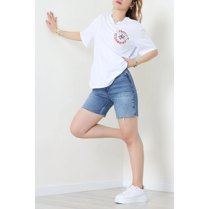 Kompakt Penye Unisex Tişört Beyazyeşil - 55064.1872.