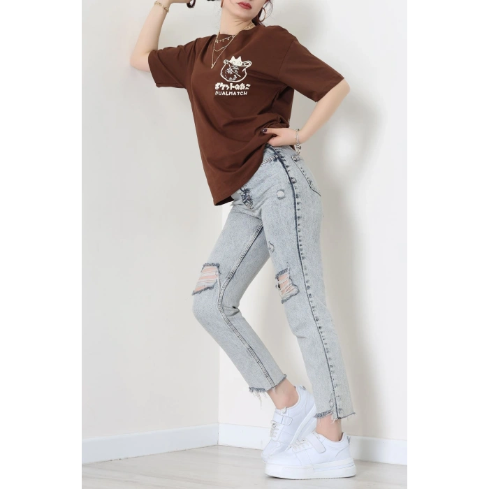 Kompakt Penye Unisex Tişört Kremkahve - 55064.1872.