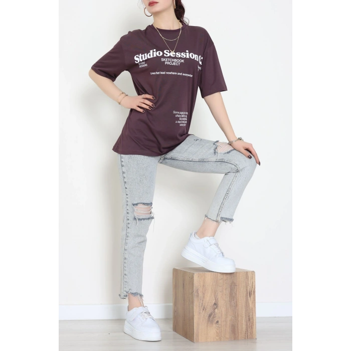 Kompakt Penye Unisex Tişört Mürdüm - 55064.1872.