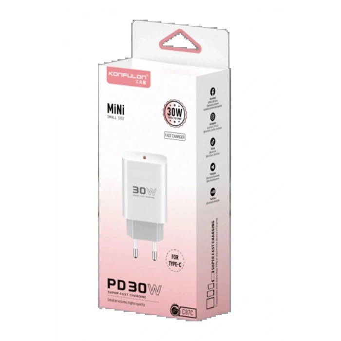 Konfulon C87C 30W Type-C Çıkışlı Ekstra DL51 1M Type-C to Type-C Kablolu PD Şarj Cihazı - Beyaz