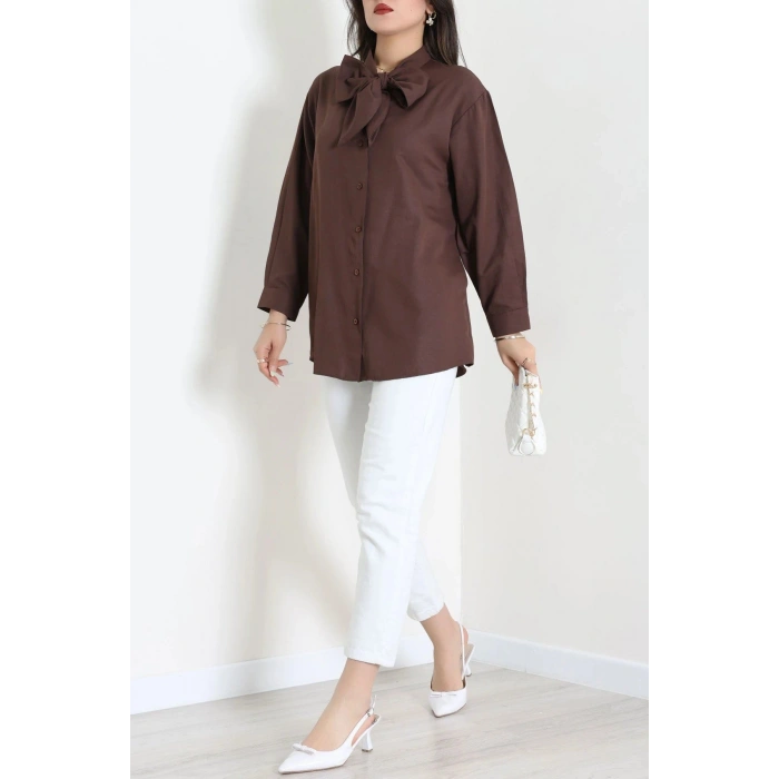 Kravat Yaka Oversize Poplin Tunik Kahve - 44063.255.