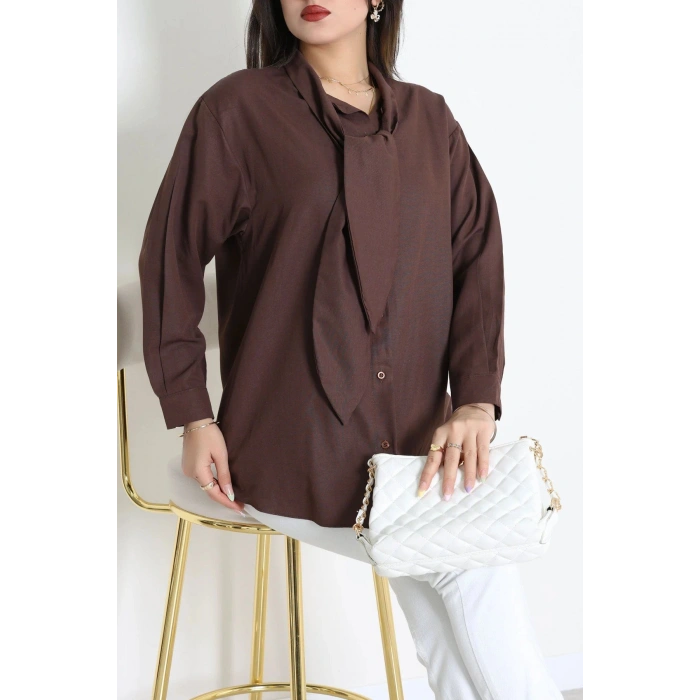 Kravat Yaka Oversize Poplin Tunik Kahve - 44063.255.