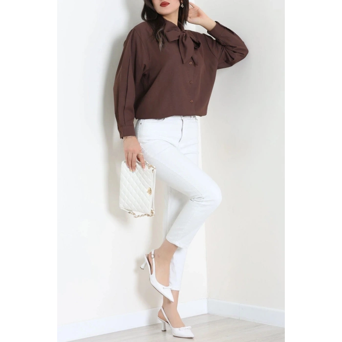 Kravat Yaka Oversize Poplin Tunik Kahve - 44063.255.