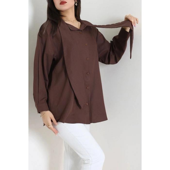 Kravat Yaka Oversize Poplin Tunik Kahve - 44063.255.