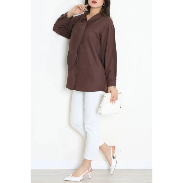 Kravat Yaka Oversize Poplin Tunik Kahve - 44063.255.