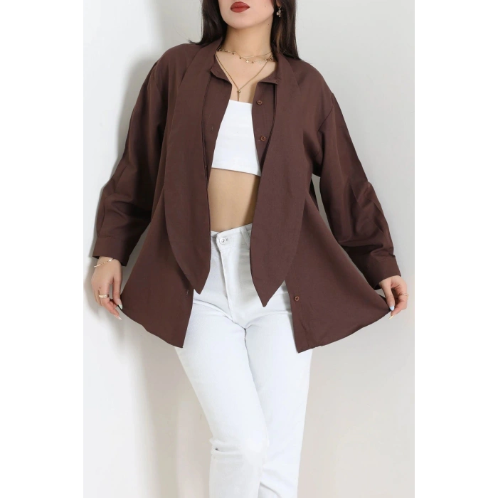 Kravat Yaka Oversize Poplin Tunik Kahve - 44063.255.