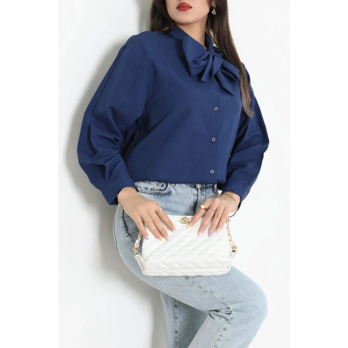 Kravat Yaka Oversize Poplin Tunik Lacivert - 44063.255.