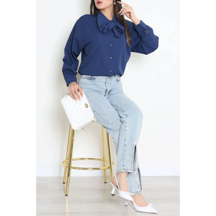 Kravat Yaka Oversize Poplin Tunik Lacivert - 44063.255.