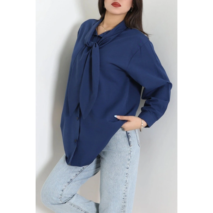 Kravat Yaka Oversize Poplin Tunik Lacivert - 44063.255.