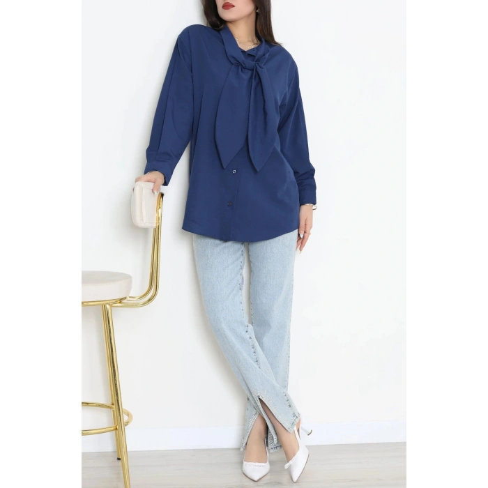 Kravat Yaka Oversize Poplin Tunik Lacivert - 44063.255.