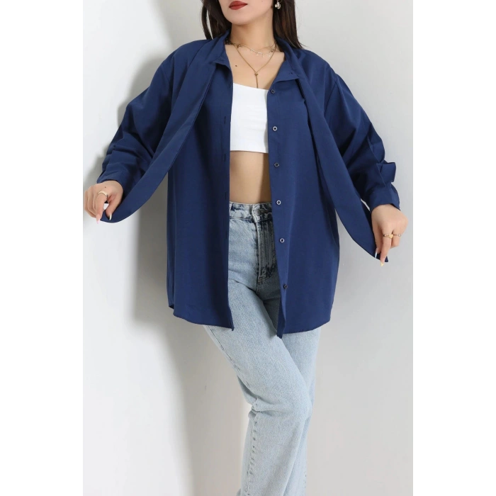 Kravat Yaka Oversize Poplin Tunik Lacivert - 44063.255.