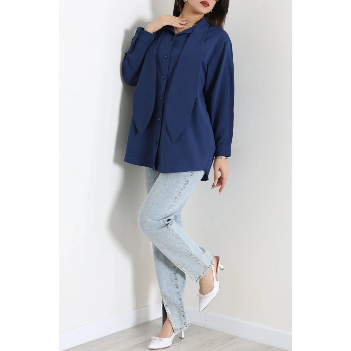 Kravat Yaka Oversize Poplin Tunik Lacivert - 44063.255.