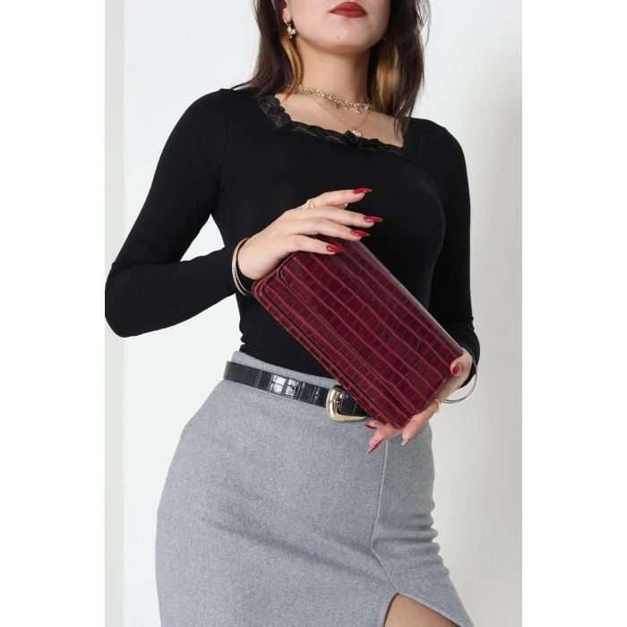 Kroko Kol Çantası Bordo - 3006.1853.