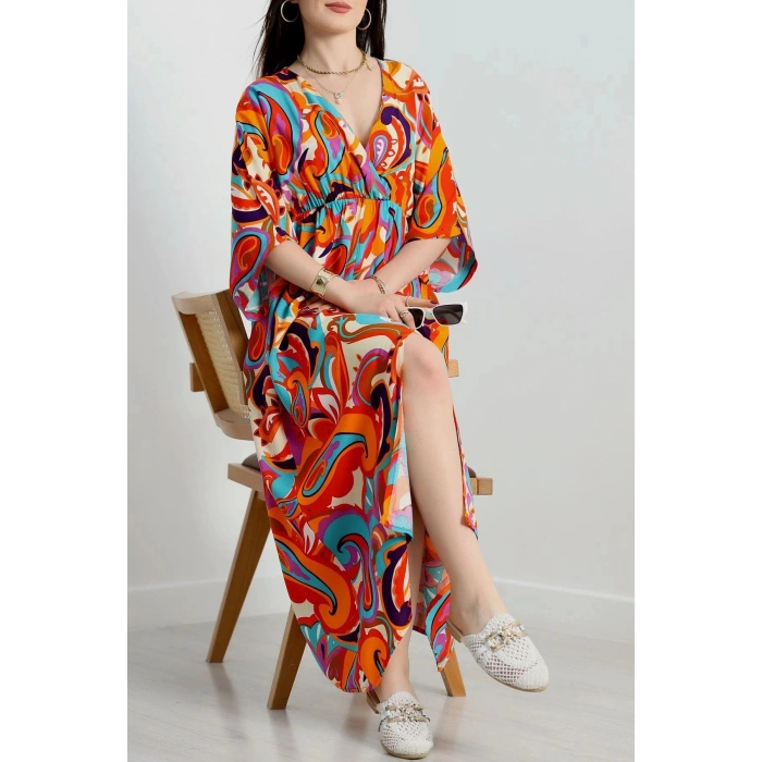 Kruvaze Yaka Desenli Elbise Oranjturkuaz - 707.1247.