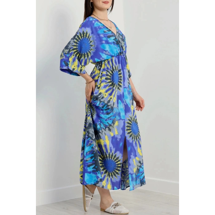 Kruvaze Yaka Desenli Elbise Saksturkuaz - 707.1247.