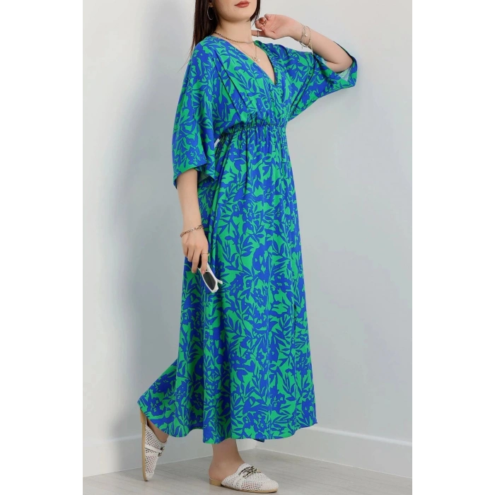 Kruvaze Yaka Desenli Elbise Yeşilsaks - 90354.1247.