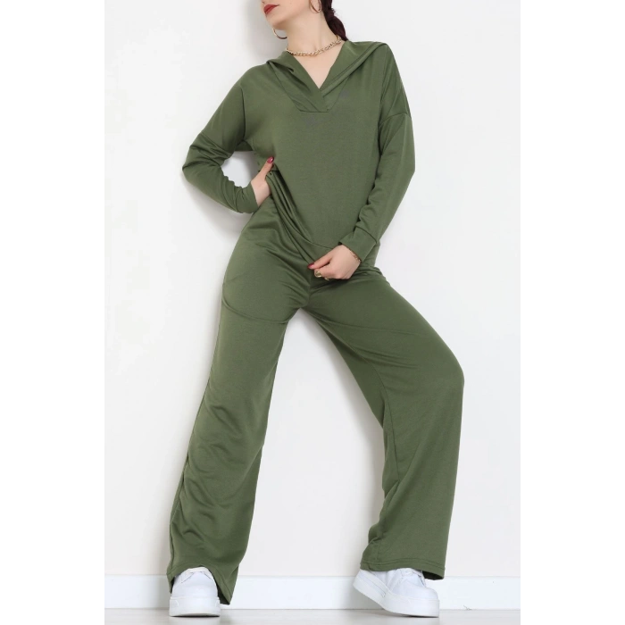 Kruvaze Yaka Kapşonlu Takım Haki - 30094.1857.