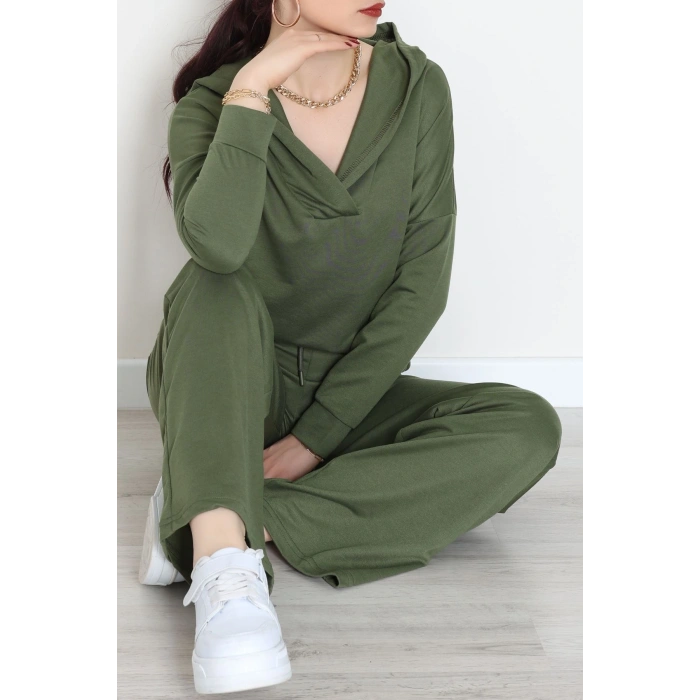 Kruvaze Yaka Kapşonlu Takım Haki - 30094.1857.