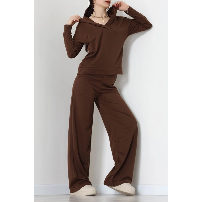 Kruvaze Yaka Kapşonlu Takım Kahve - 30094.1857.