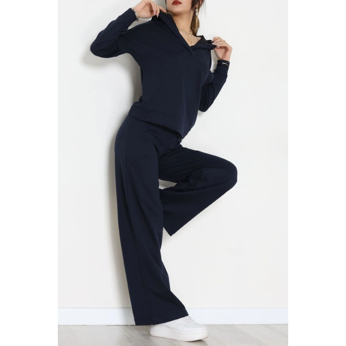 Kruvaze Yaka Kapşonlu Takım Lacivert - 30094.1857.