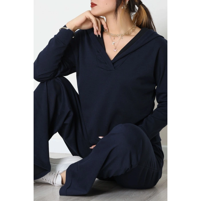 Kruvaze Yaka Kapşonlu Takım Lacivert - 30094.1857.