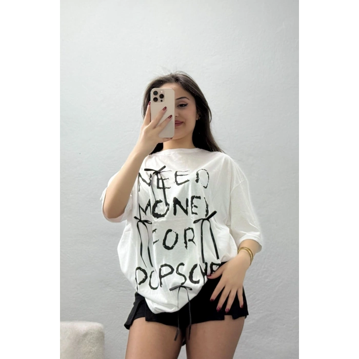 Kurdele Detay Baskılı Oversize Penye Tişört Beyaz - 55091.1567.