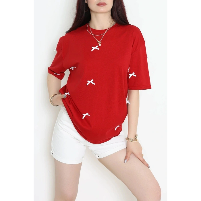 Kurdele Detay Baskılı Oversize Penye Tişört Bordo - 55092.1567.
