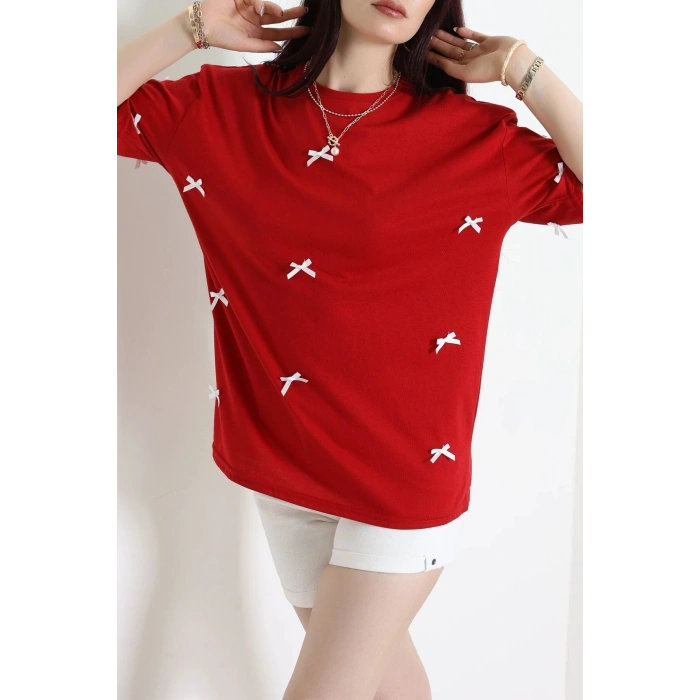 Kurdele Detay Baskılı Oversize Penye Tişört Bordo - 55092.1567.